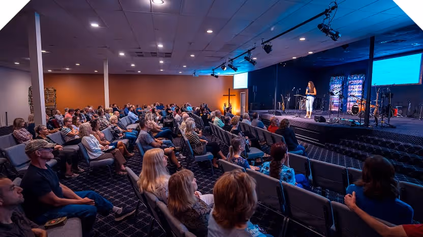 A full view shot of the room during a Sunday message