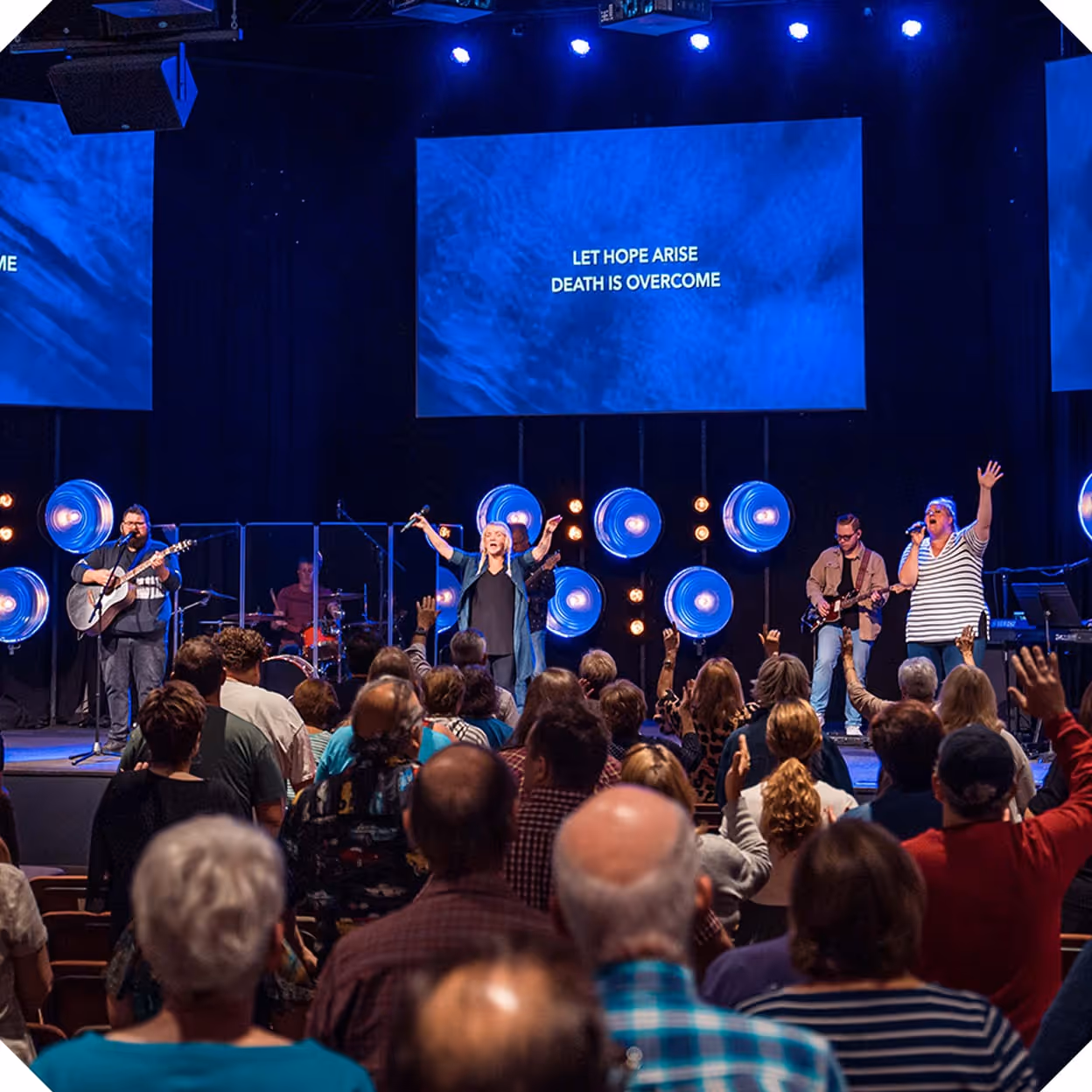 A full room view of worship