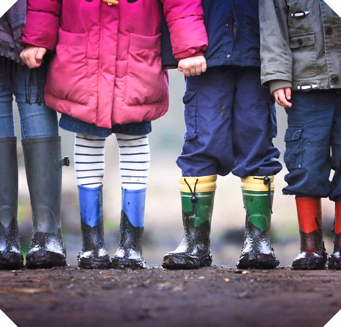 a group of children wearing rain boots