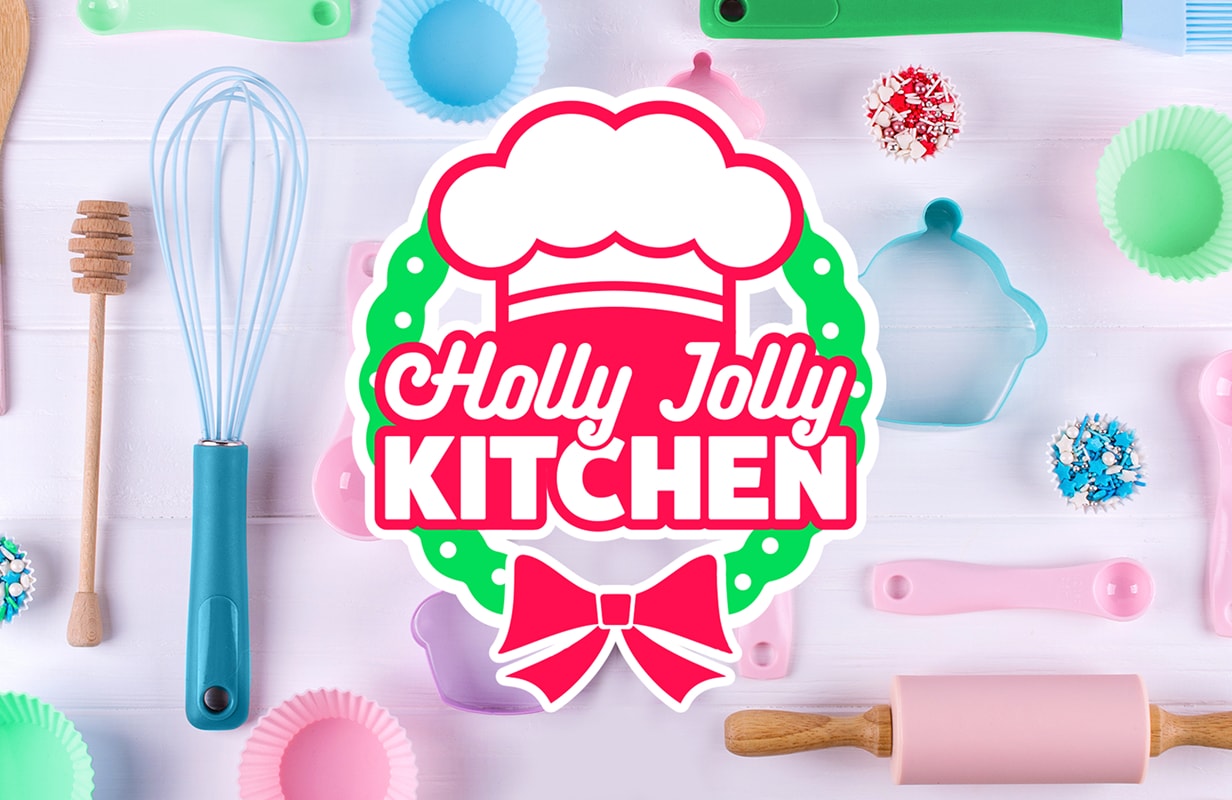A graphic with the title "Holly Jolly Kitchen" on it. The graphic shows various baking supplies.