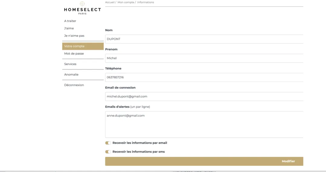 Application HOME SELECT : compte client