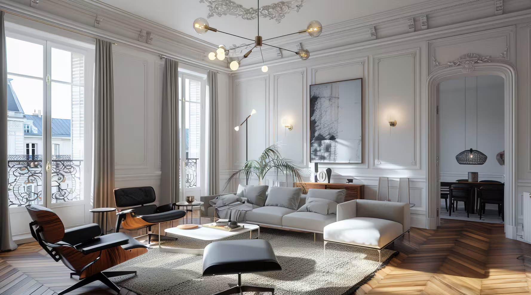 Salon parisien élégant avec mobilier moderne et luminaires design