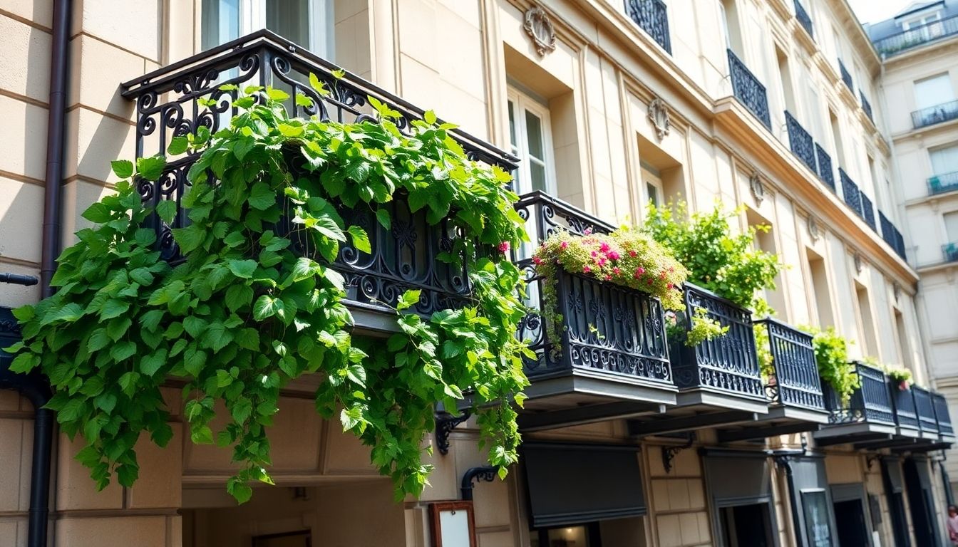 Elegant Parisian apartment with attractive balcony and green plants.