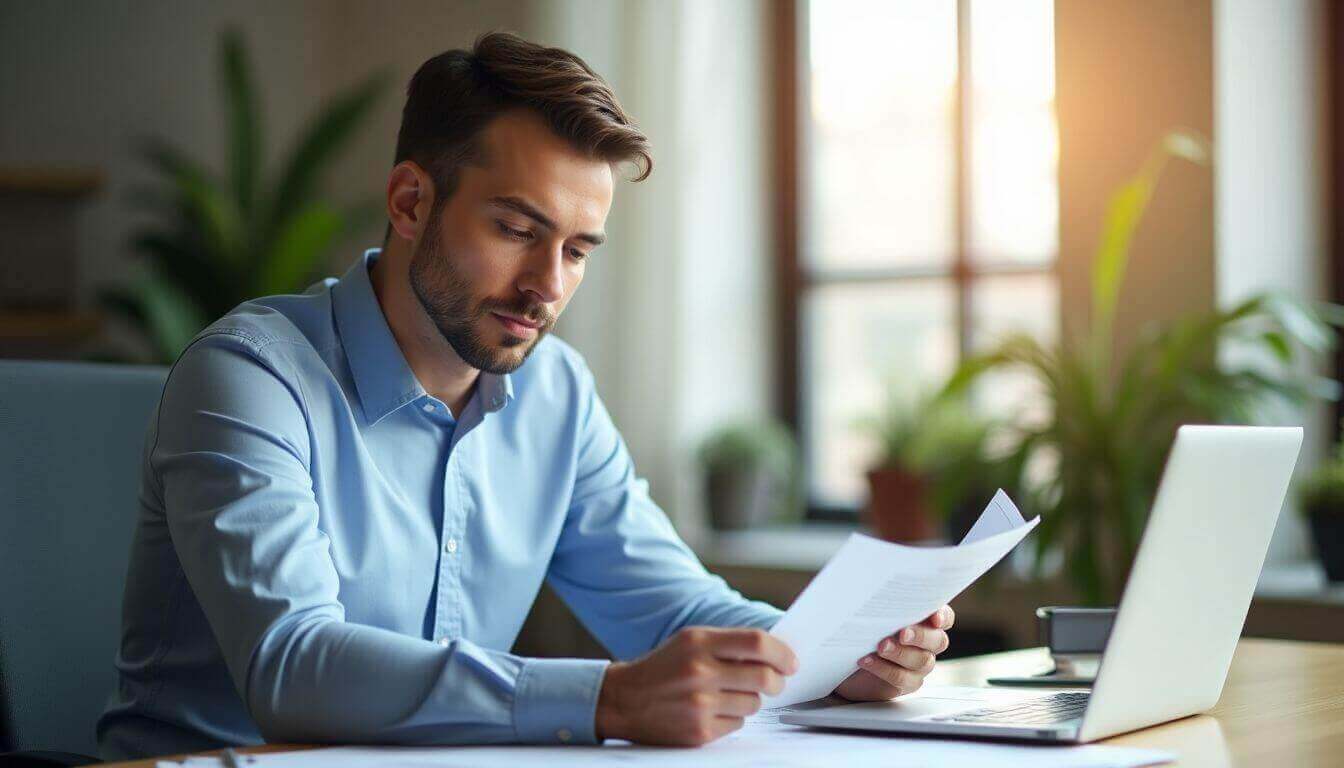  Personne examinant les documents financiers avec concentration.