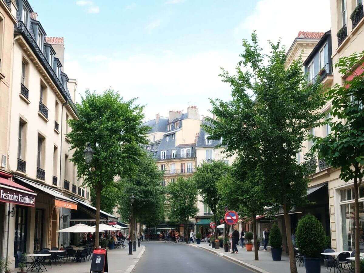Quartier parisien avec rues pittoresques et cafés.