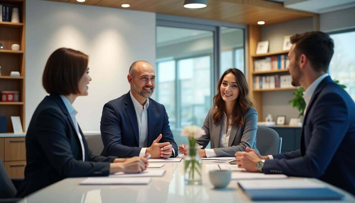  Bureau d'agence immobilière moderne avec agents et clients