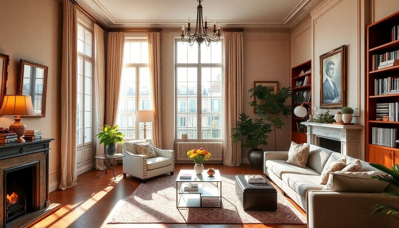 Intérieur lumineux d'une maison parisienne, mettant en valeur le confort et le style.
