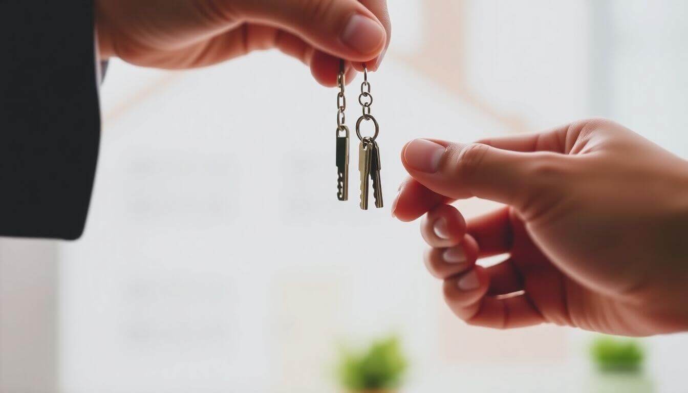 Mains échangeant des clés lors d'une transaction immobilière.