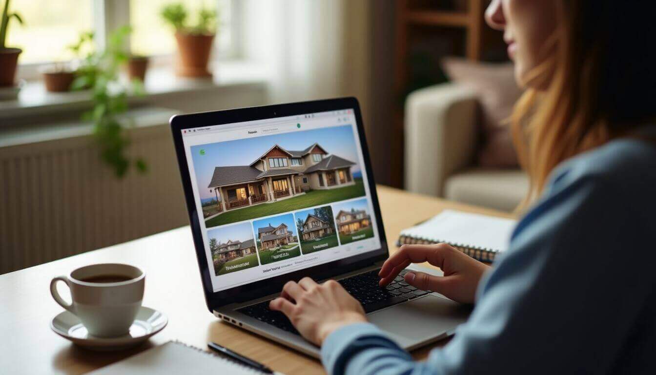 Personne recherchant un bien immobilier en ligne dans un bureau à domicile