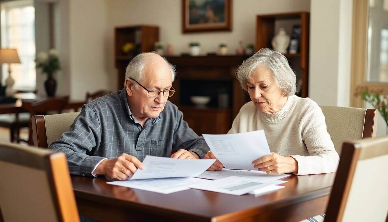 Couple de personnes âgées examinant des documents pour une optimisation fiscale.