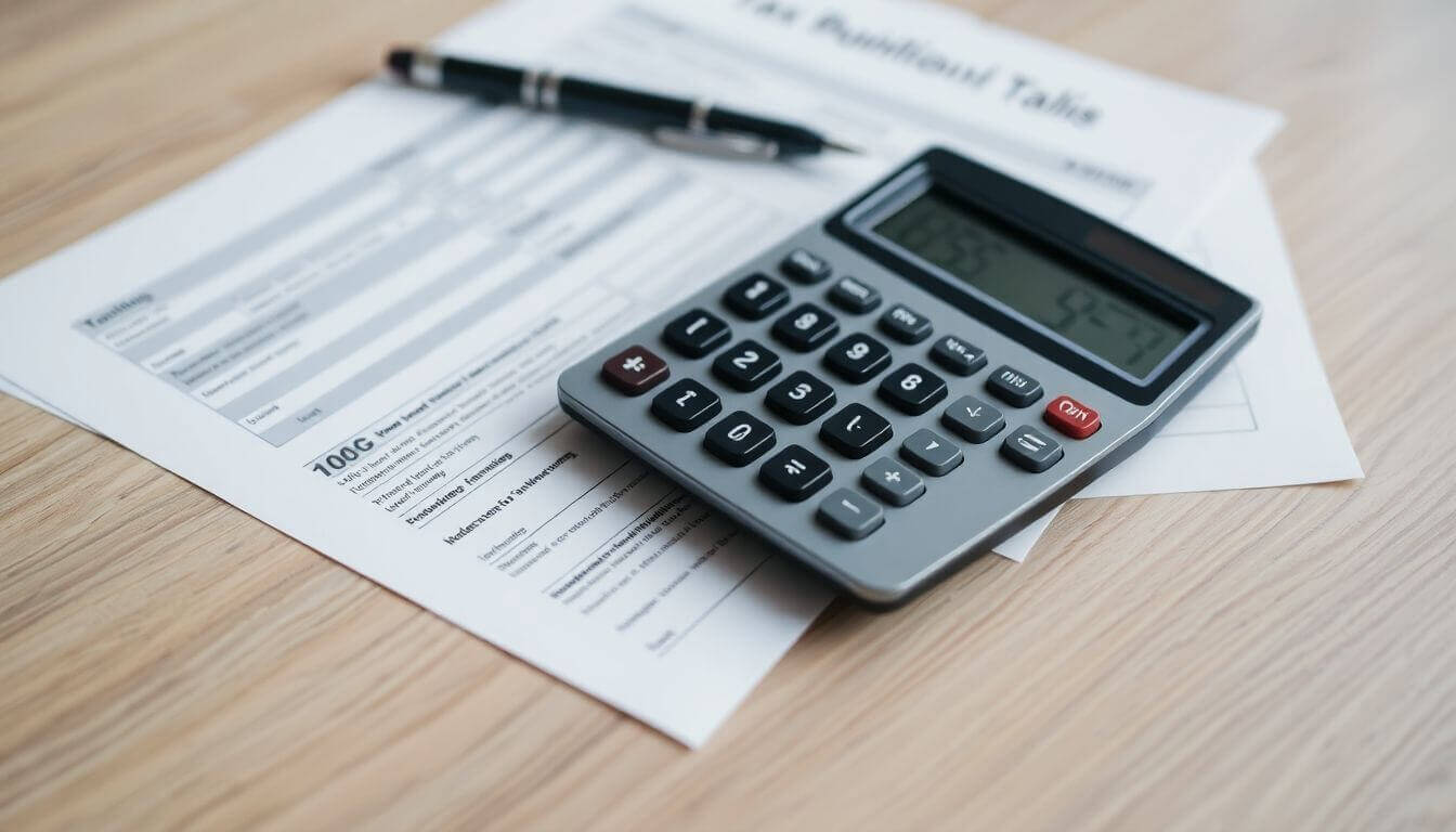 Calculatrice et documents fiscaux sur une table en bois.