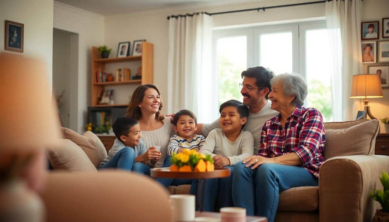 Une famille heureuse dans un salon confortable ensemble.