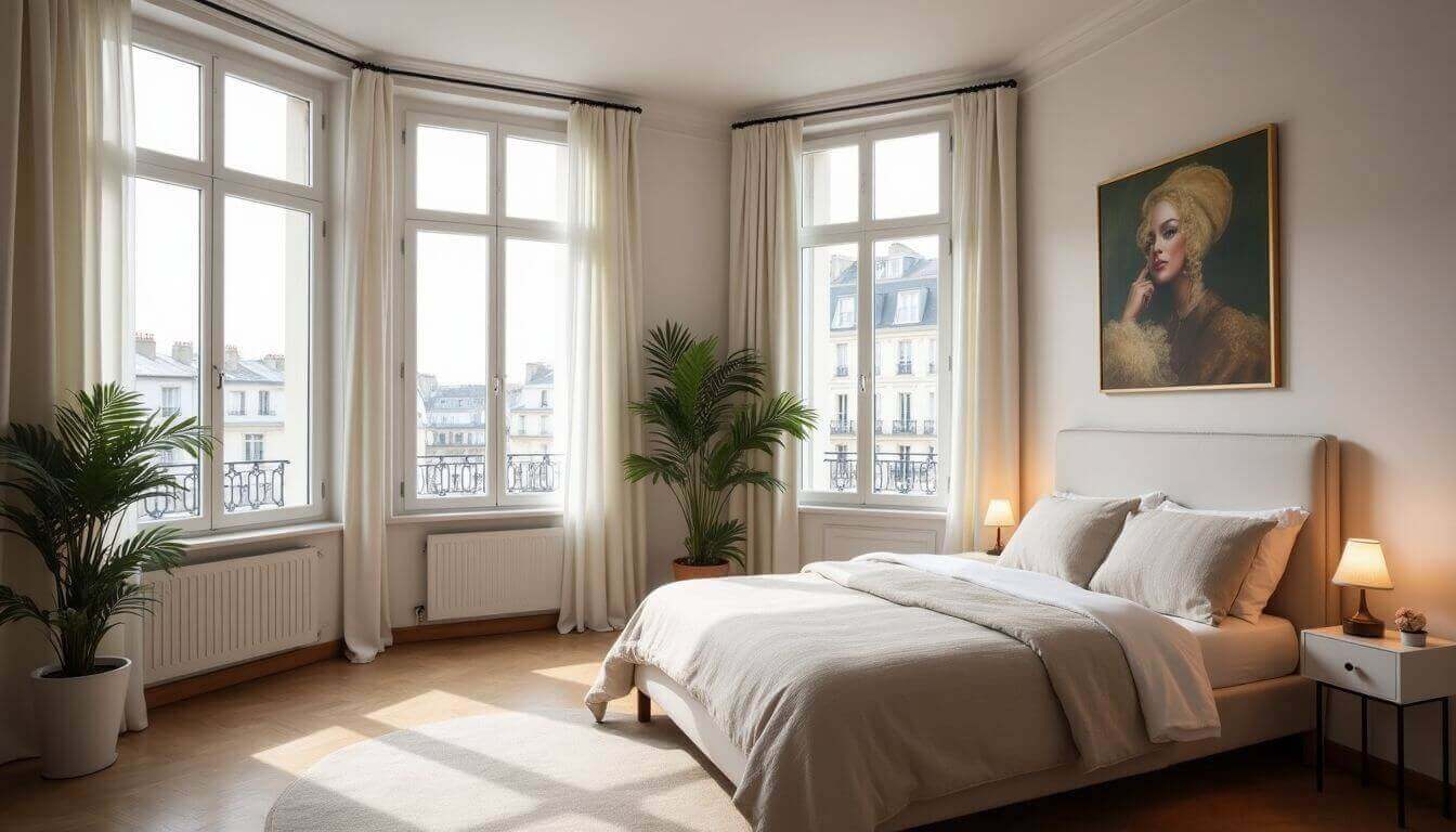 Chambre d'appartement parisien lumineuse avec grandes fenêtres et décoration