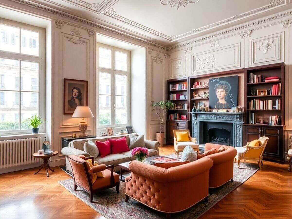 Appartement haussmannien avec fenêtres et moulures élégantes.