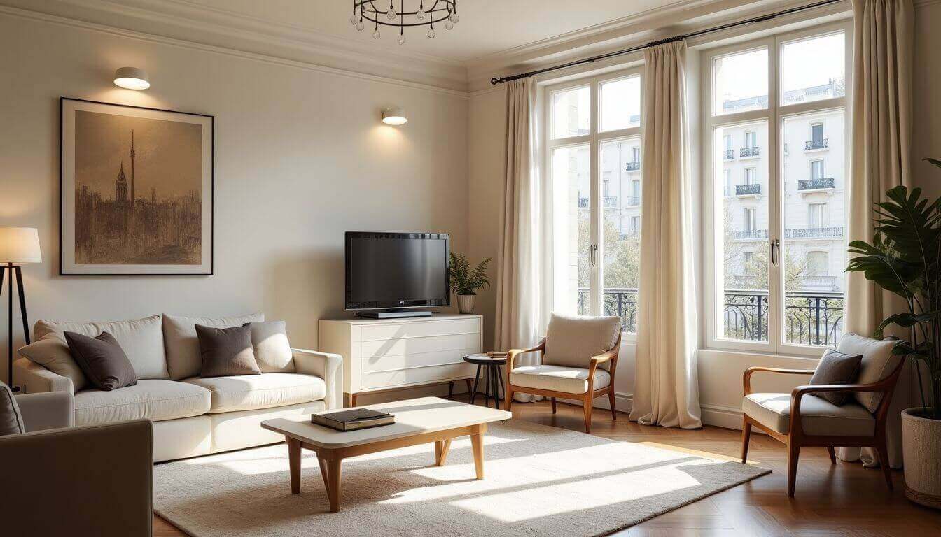 Salon lumineux et élégant avec un mobilier moderne et de grandes fenêtres.