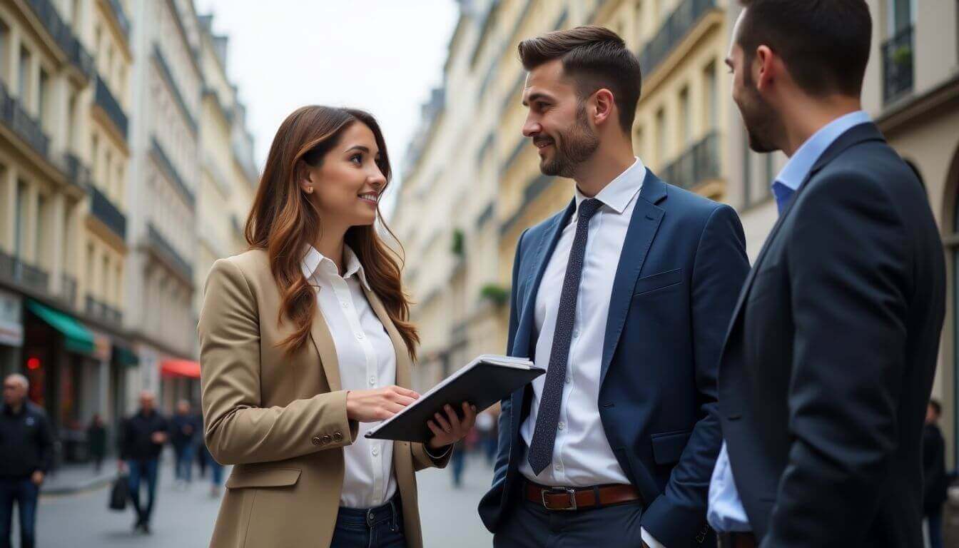 Agent immobilier avec des clients à Paris pour discuter de propriété