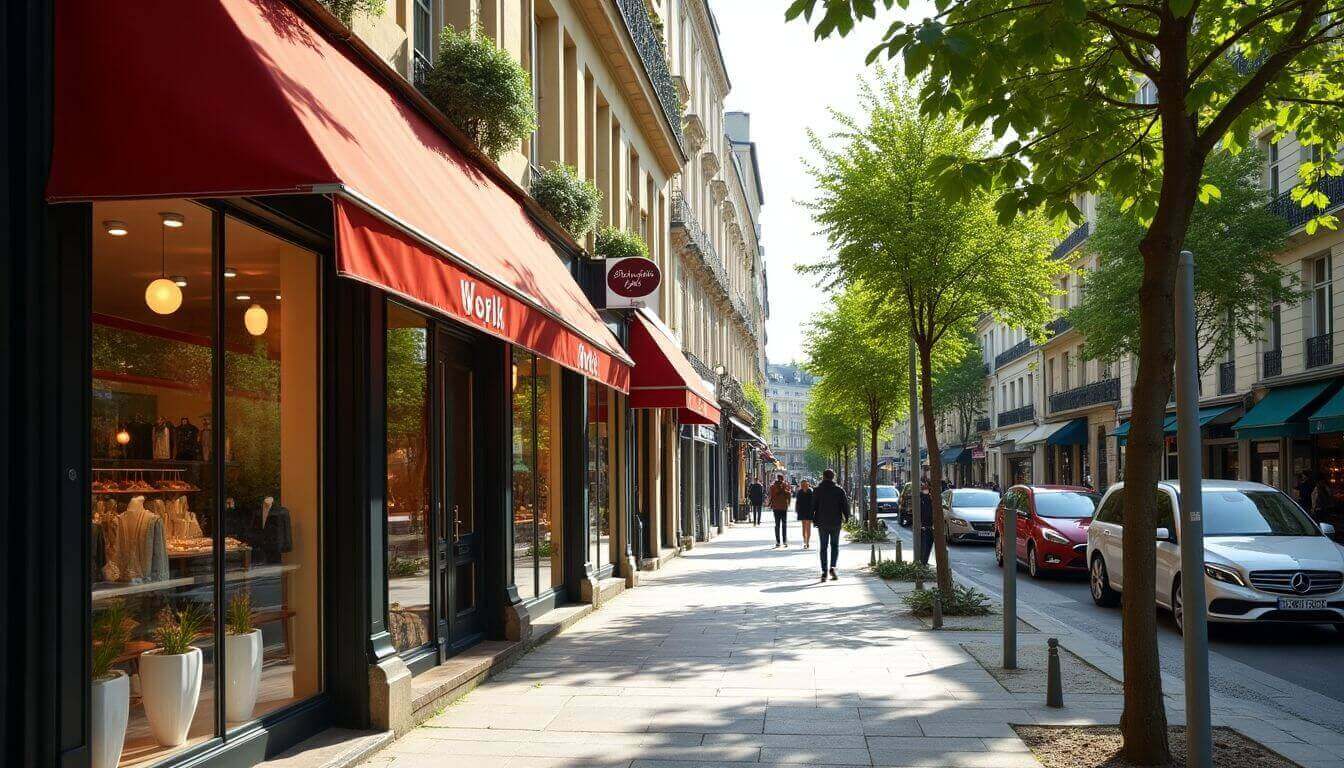 Boutiques chics à Pereire, Paris, avec des arbres luxuriants.
