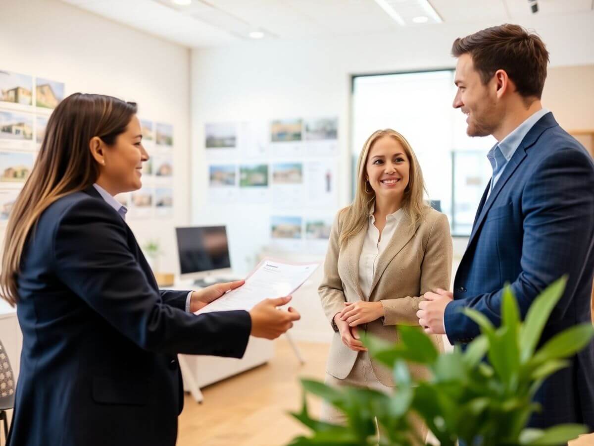 Agent immobilier conseillant un couple dans un bureau moderne.