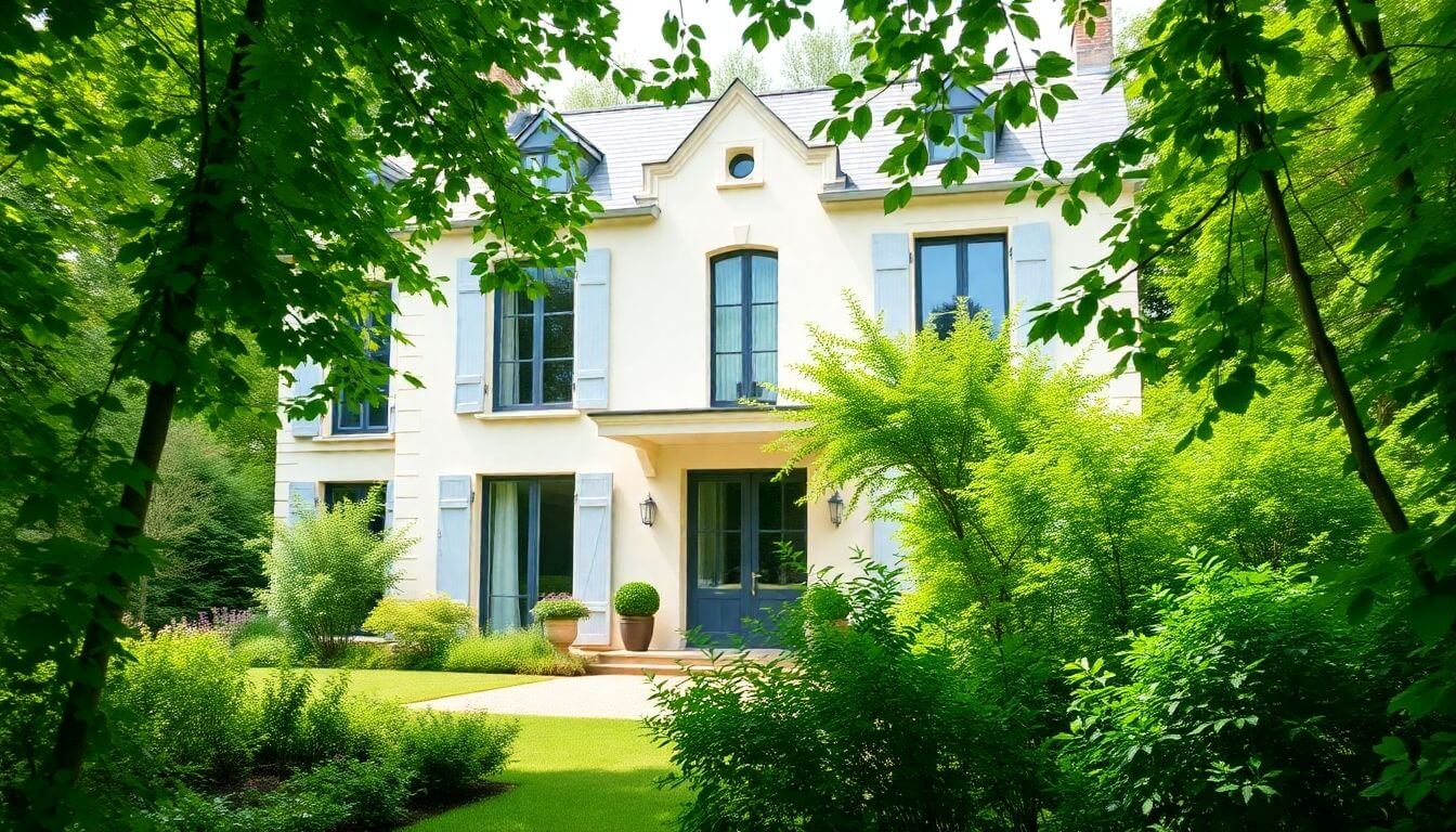 Maison française moderne avec verdure et architecture élégante.