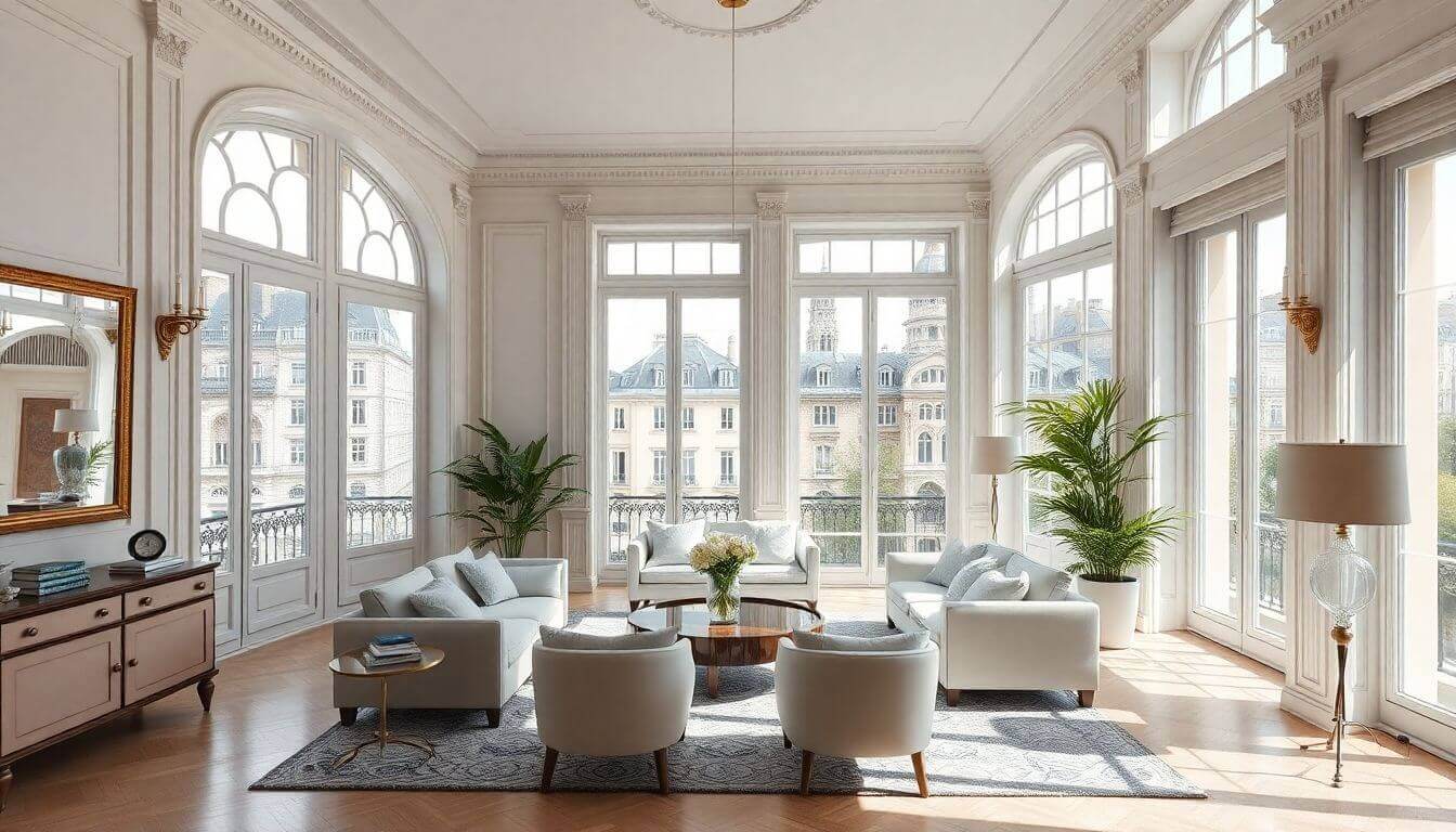 Luxueux appartement parisien intérieur avec vue imprenable sur la ville.