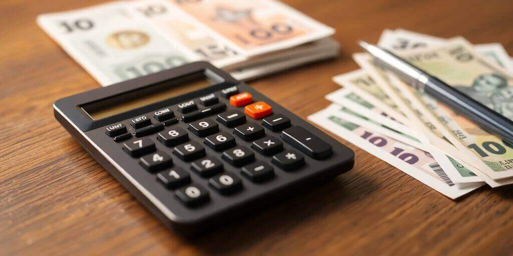 Calculatrice, billets de banque et stylo sur une table.