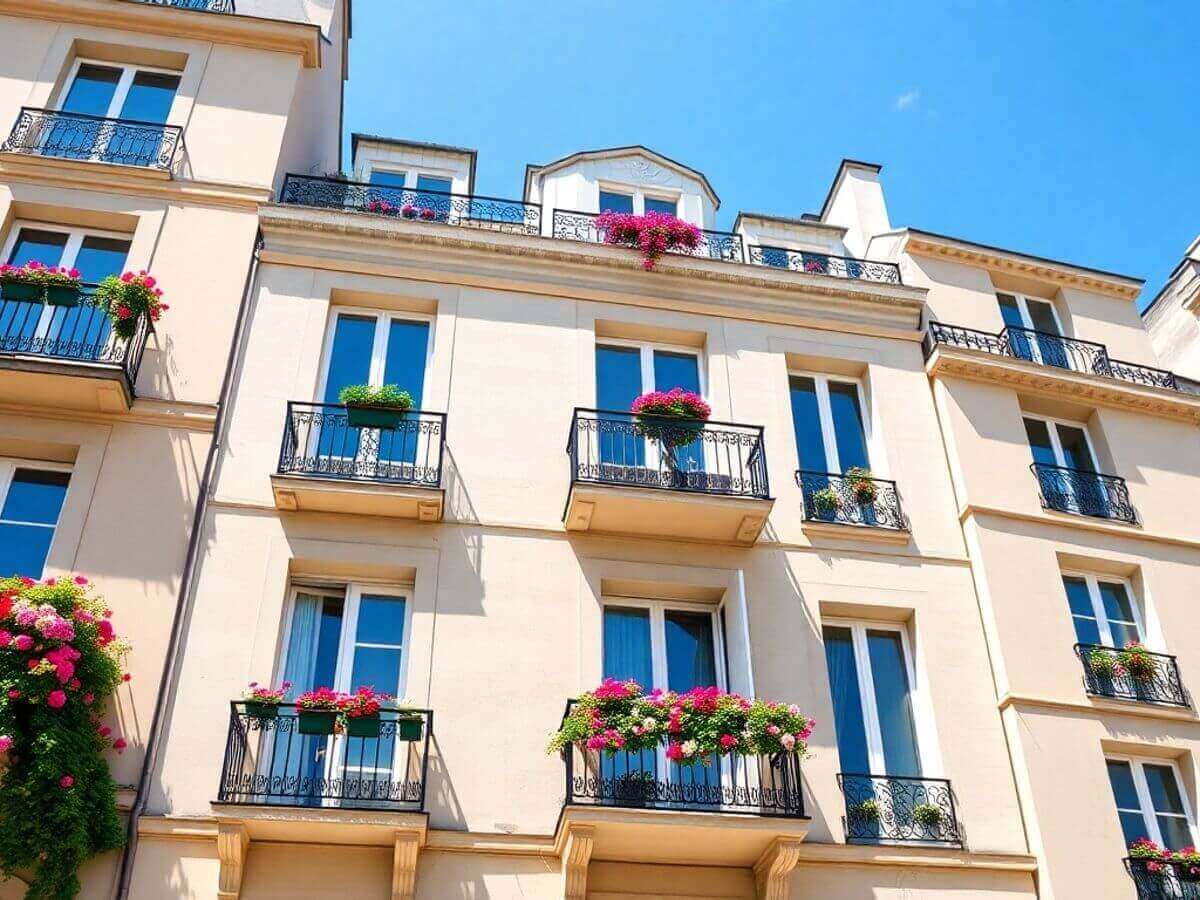 Bâtiment parisien classique avec balcons fleuris.