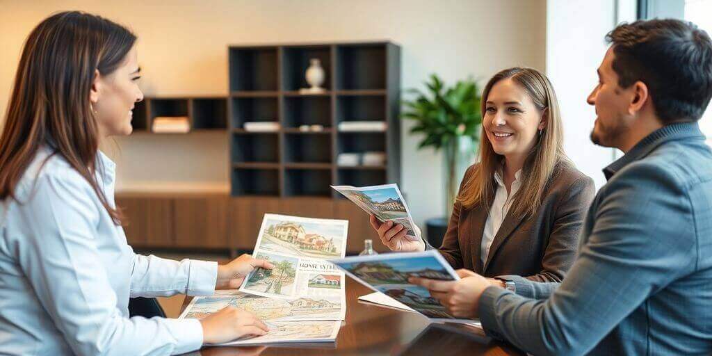 Agent immobilier expatrié en discussion avec des clients.