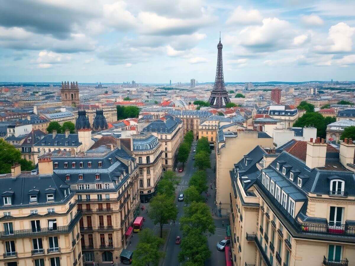 Vue aérienne de Paris, bâtiments résidentiels et monuments iconiques.