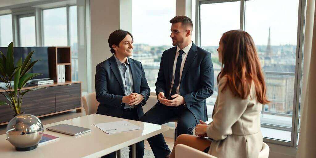 Consultation entre chasseur immobilier et client à Paris.