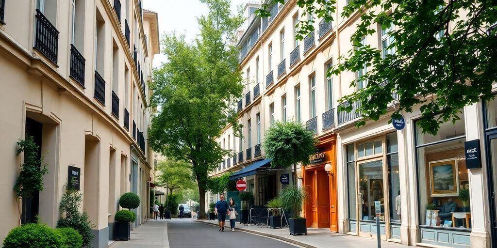 Rue parisienne avec des bâtiments haussmanniens.