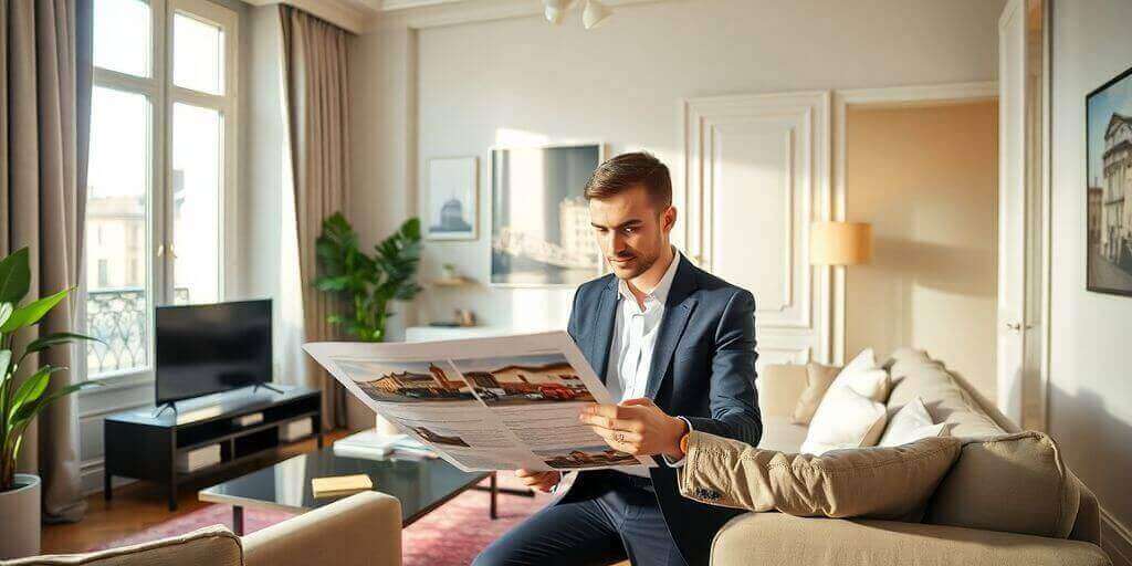 Chasseur immobilier à Paris, examinant des annonces immobilières.