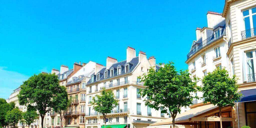 Rue parisienne avec des bâtiments charmants et des cafés.