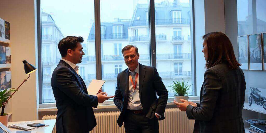 Chasseur immobilier à Paris 2 en discussion avec des clients.