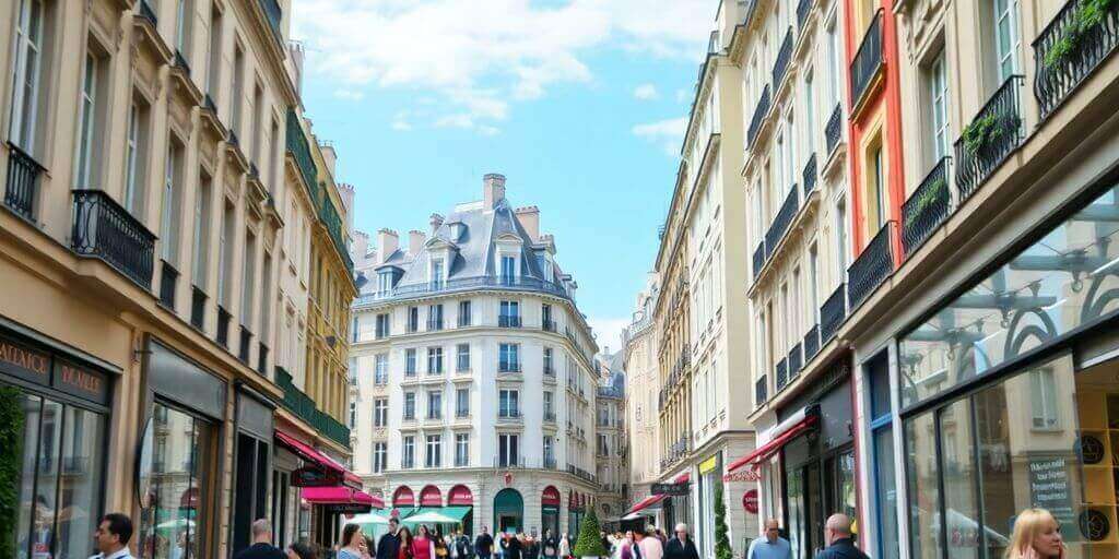 Vue animée de Paris 2 avec des bâtiments élégants.