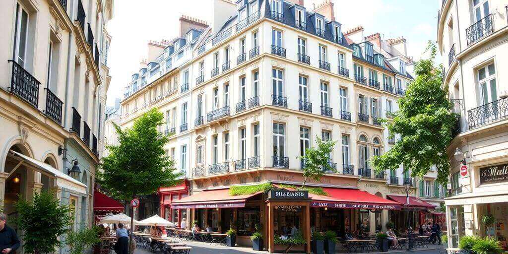 Vue animée de Paris 2 avec cafés et architecture.