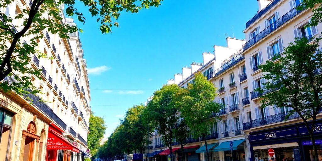 Vue de rue à Paris 8 avec des bâtiments élégants.