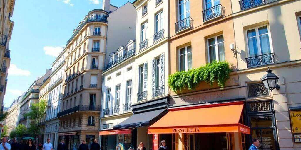 Rue parisienne animée avec architecture traditionnelle et café.