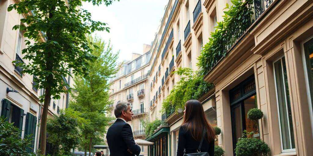 Agent immobilier avec un appartement parisien en arrière-plan.