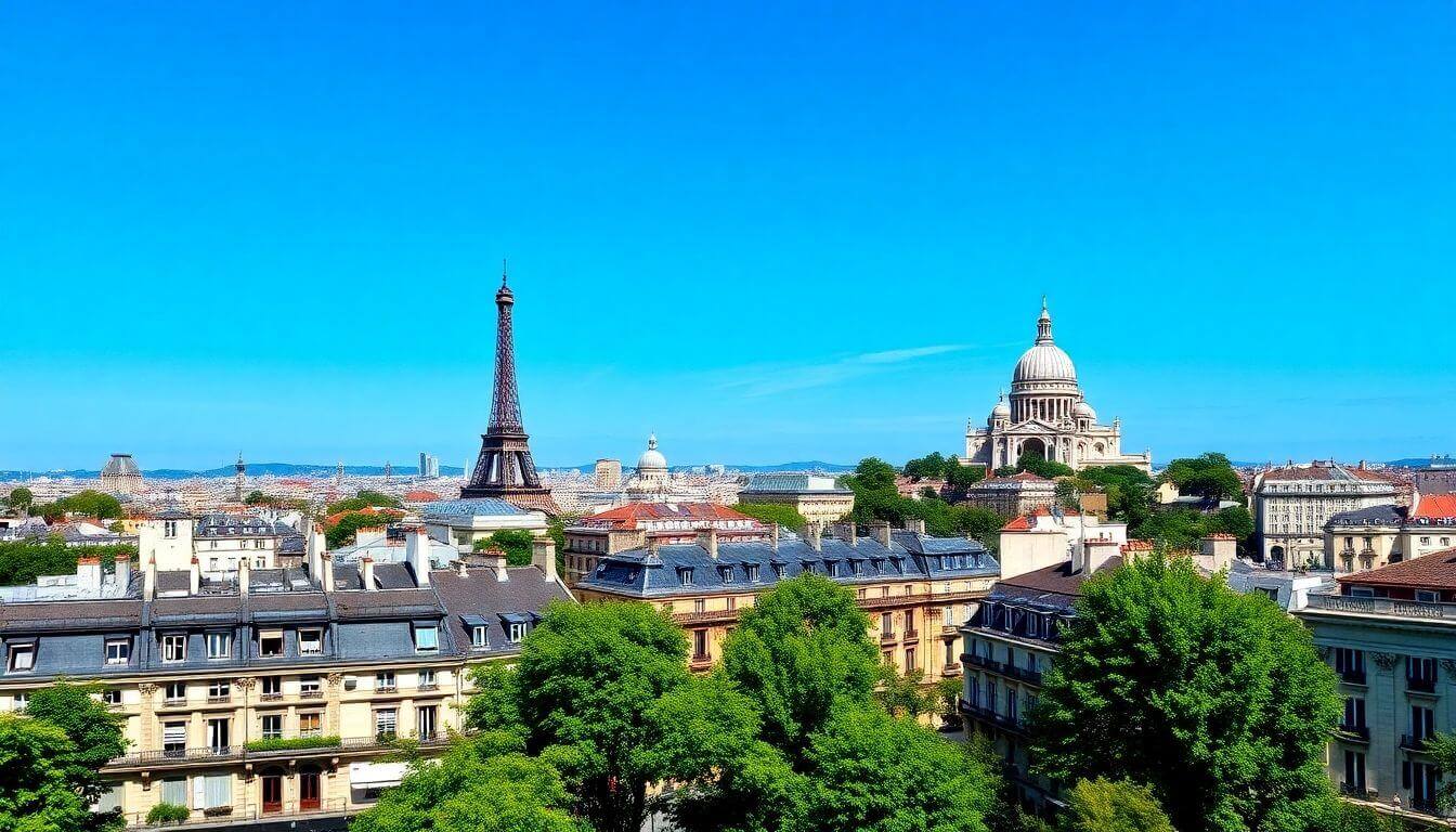 Paris skyline with blue sky.