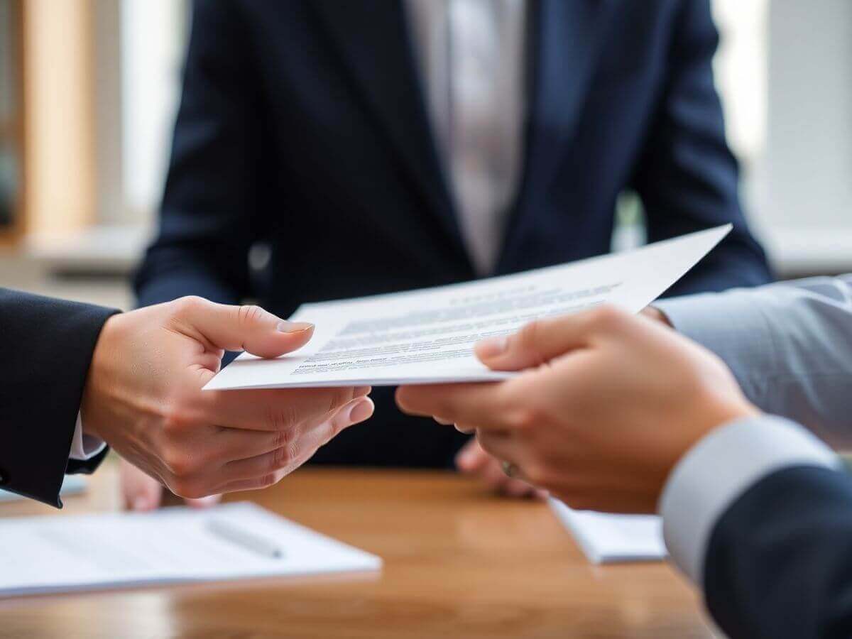 Main dans la main avec un document signé.