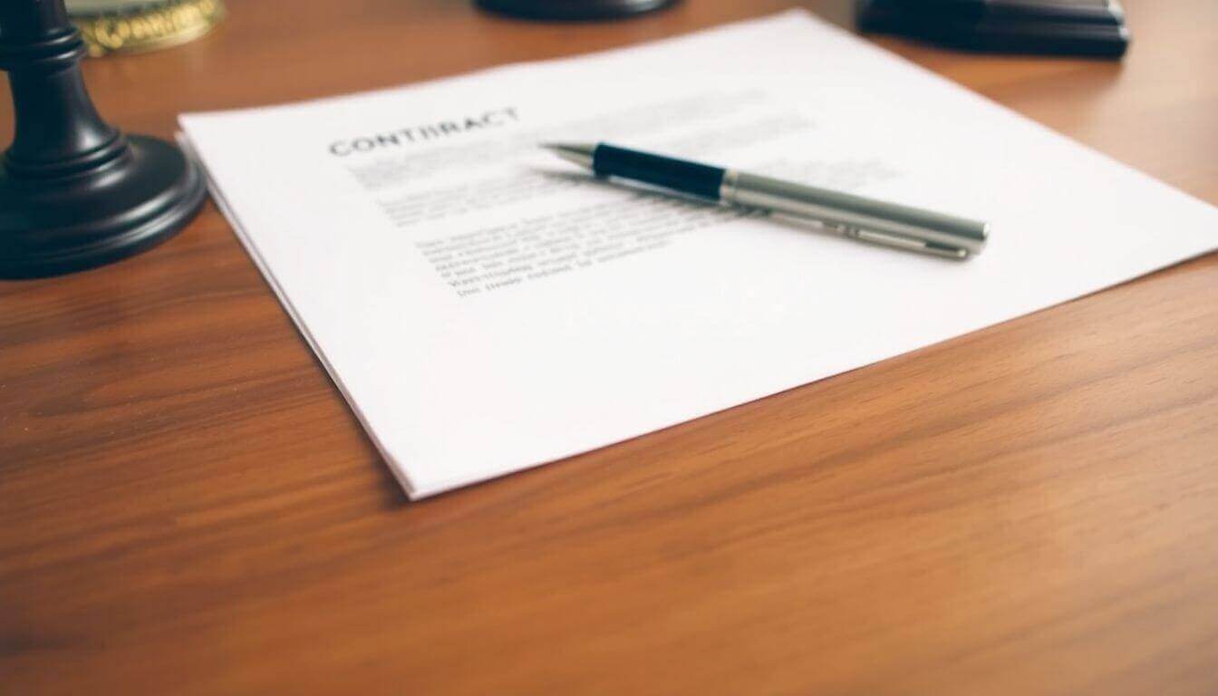 Document et stylo sur un bureau en bois pour le contexte juridique.