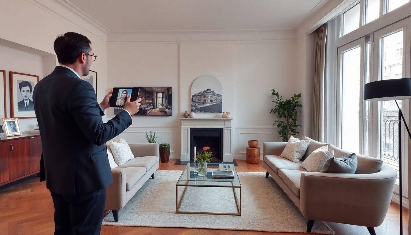 Agent immobilier montrant une visite virtuelle dans un salon parisien.