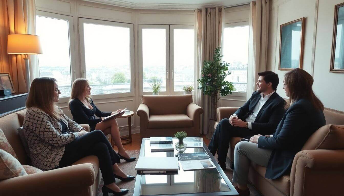 Scène de négociation dans un élégant salon parisien.