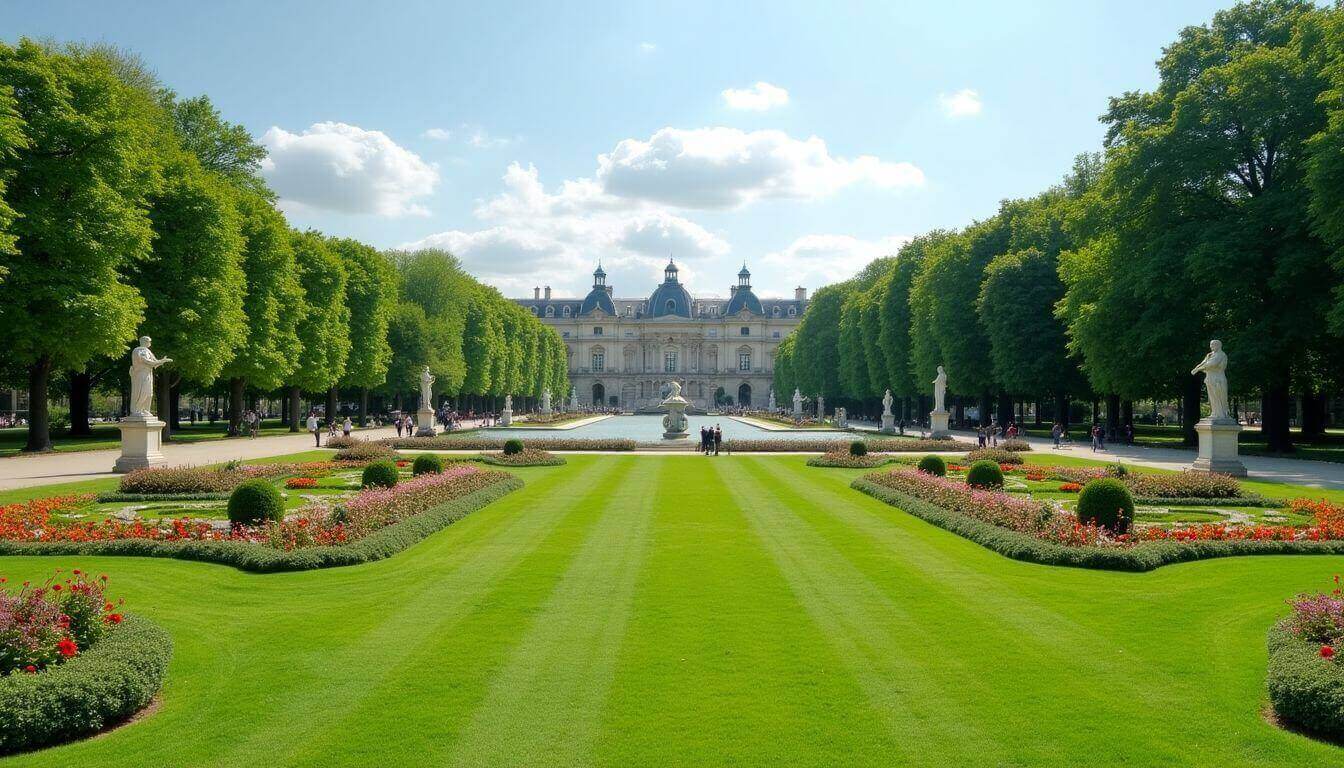 Jardin du Luxembourg avec pelouses vertes et parterres de fleurs.
