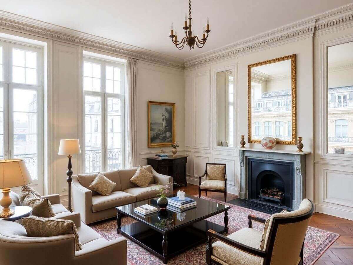 Intérieur d'appartement de luxe à Paris avec élégance.
