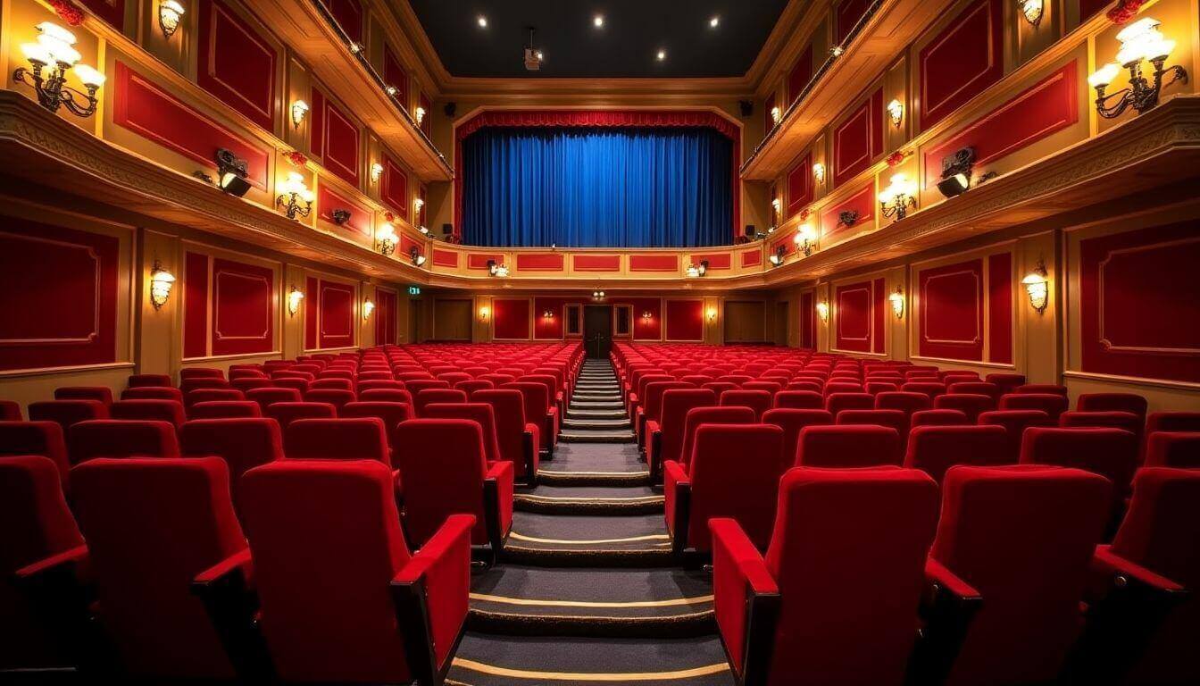 Un grand intérieur de théâtre avec des sièges rouges et un rideau bleu.