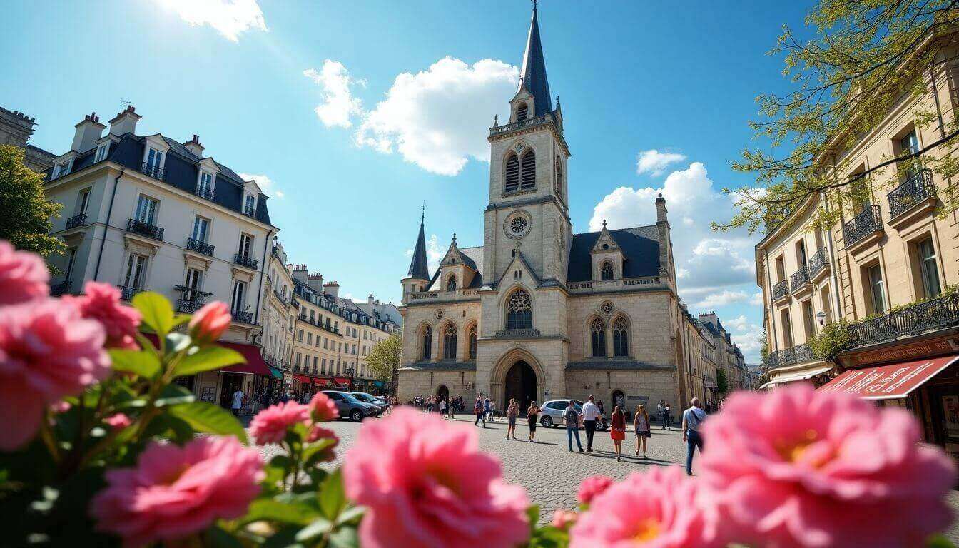 Belle église entourée de fleurs et de ciel bleu
