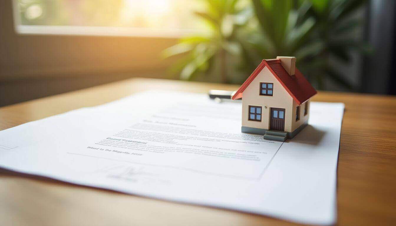 Maison miniature au-dessus des documents de propriété avec lumière du soleil