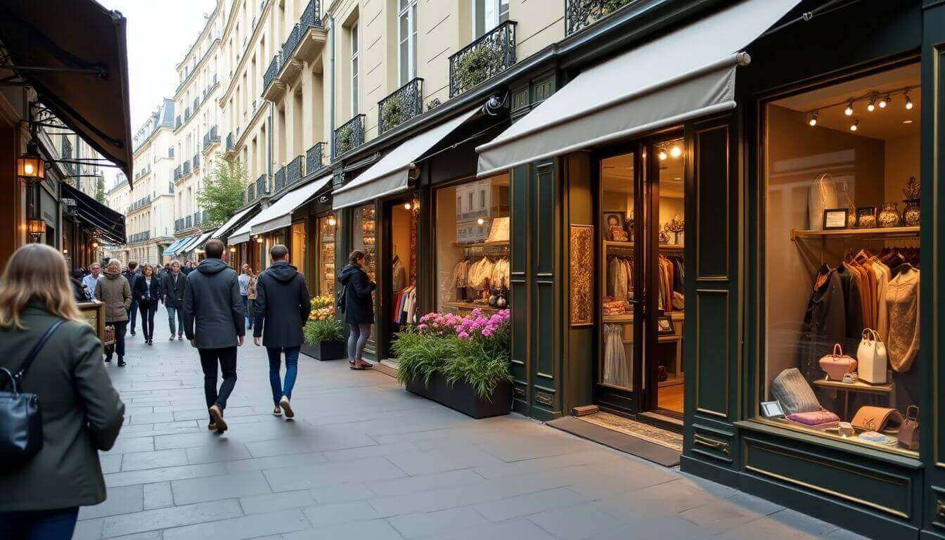 Les acheteurs déambulent devant les boutiques chics d'une rue animée.