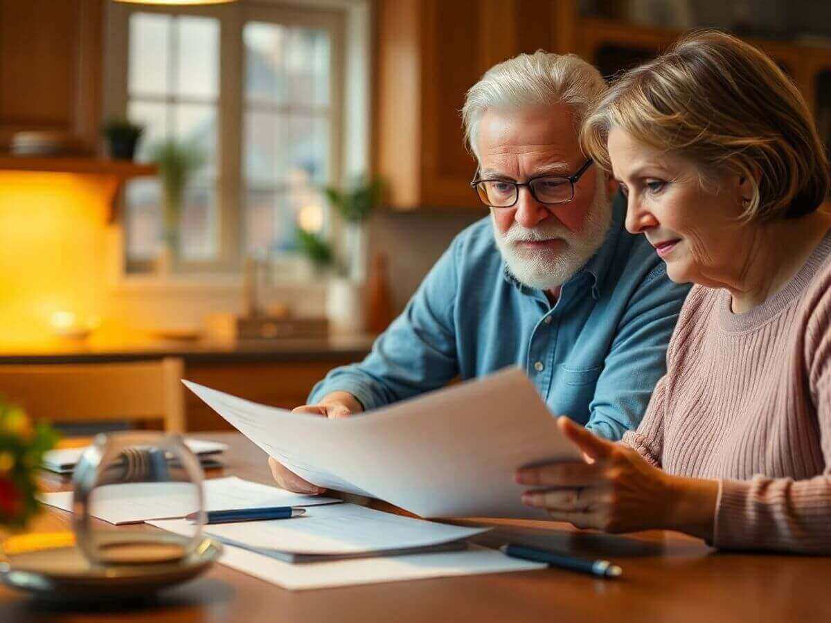 Couple discutant de finances à une table de cuisine.